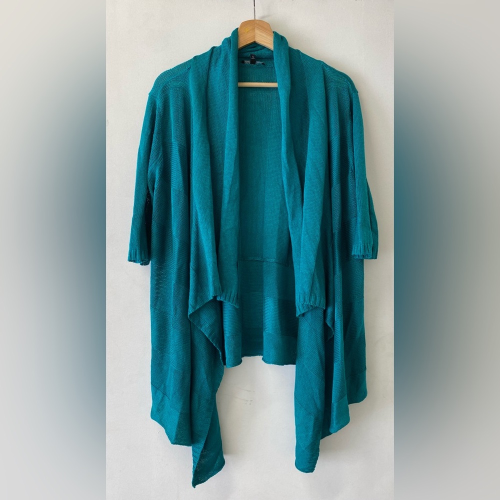 Eileen Fisher Teal Linen Silk Knit Layered Cardigan Women’s XL